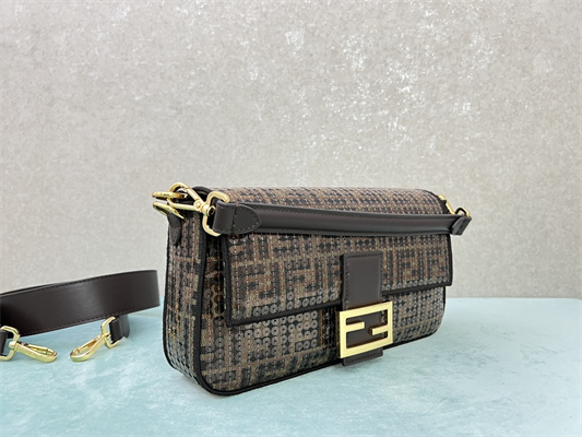 Fen.di BAGUETTE Bag Brown FF Jacquard Fabric With Sequins