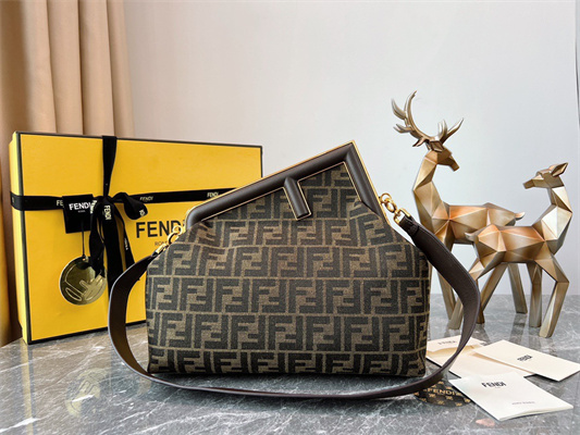 Fen.di FIRST MEDIUM Brown FF Jacquard Fabric Bag