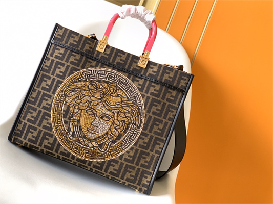 Fen.di FENDACE SUNSHINE Medium Brown FF Jacquard Fabric Shopper