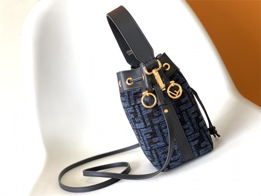 Fen.di MON TRESOR Dk Blue Tapestry Fabric Mini Bag With FF Motif