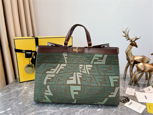 Fen.di Peekaboo X-Tote FF Embroidery Canvas Kaki Green Color
