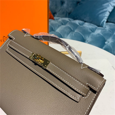 Kelly Pochette Bag Epsom Leather Gold/Silver hardware In Etoupe Color HS