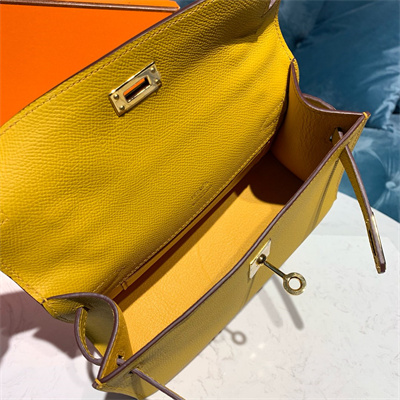 Kelly Pochette Bag Epsom Leather Gold/Silver hardware In Jaune Amber Color HS