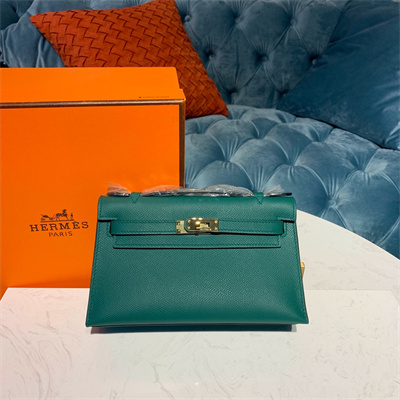Kelly Pochette Bag Epsom Leather Gold/Silver hardware In Malachite Color HS