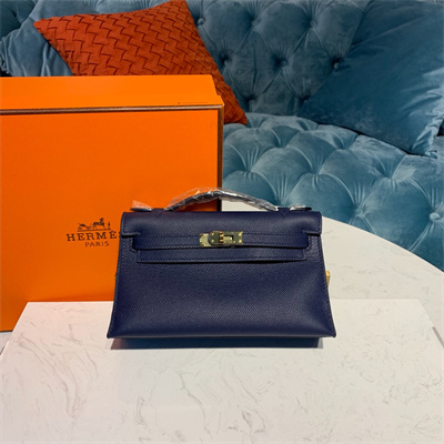 Kelly Pochette Bag Epsom Leather Gold/Silver hardware In Bleu Obscur Color HS