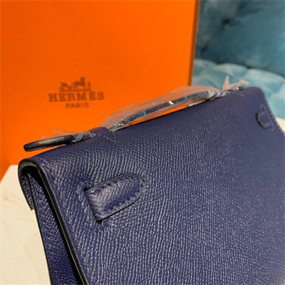 Kelly Pochette Bag Epsom Leather Gold/Silver hardware In Bleu Obscur Color HS