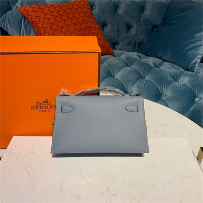 Kelly Pochette Bag Epsom Leather Gold/Silver hardware In Bleu Lin Color HS