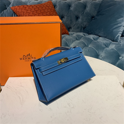 Kelly Pochette Bag Epsom Leather Gold/Silver hardware In Bley Jean Color HS