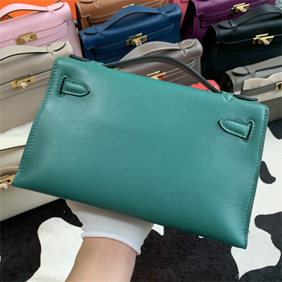 Kelly Pochette Bag Swift Leather Gold/Silver hardware In Malachite Color HS