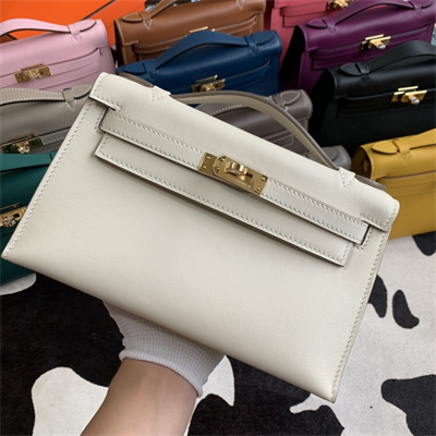 Kelly Pochette Bag Swift Leather Gold/Silver hardware In Craie Color HS