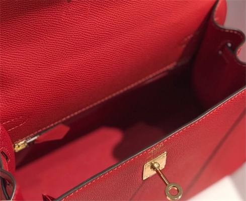 Kelly Sellier Bag Epsom Leather 25/28CM Gold/Silver Hardware In Rouge Casaque Color