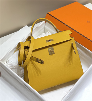 Kelly Sellier Bag Epsom Leather 25/28CM Gold/Silver Hardware In Jaune Amber Color