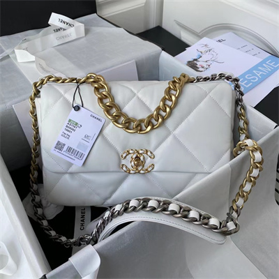 Chanel 19 Large Handbag Lambskin Gold Double C Metal White AS1161