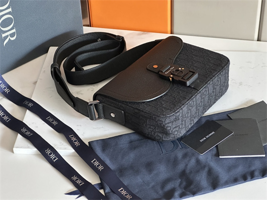 Di.or Small Saddle Messenger Bag With Flap Black Oblique Jacquard With Grained Calfskin