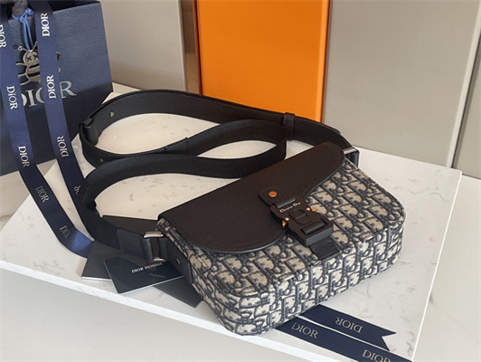 Di.or Small Saddle Messenger Bag With Flap Beige and Black Oblique Jacquard With Black Grained Calfskin