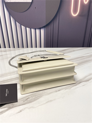 Y.S.L Sunset MEDIUM Bag In Smooth Leather Silver Tone Metal White Color