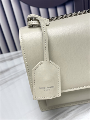 Y.S.L Sunset MEDIUM Bag In Smooth Leather Silver Tone Metal White Color