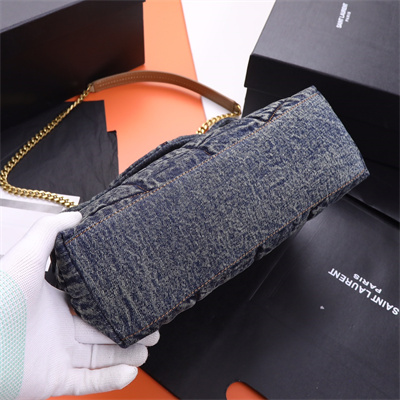 Y.S.L PUFFER SMALL In Black Denim Fabric Gold Tone Metal