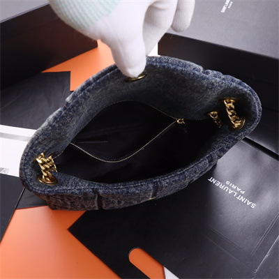 Y.S.L PUFFER SMALL In Black Denim Fabric Gold Tone Metal