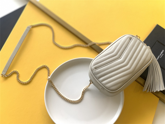 Y.S.L MINI LOU In White Quilted Grain De Poudre Embossed Leather  Gold Tone Metal