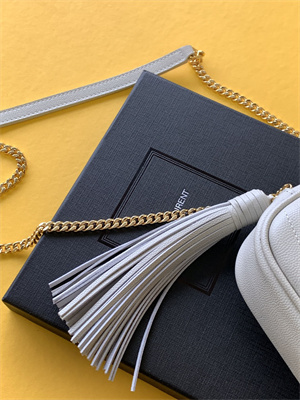 Y.S.L MINI LOU In White Quilted Grain De Poudre Embossed Leather  Gold Tone Metal