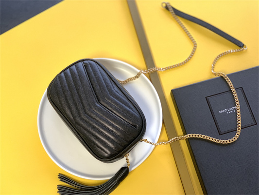 Y.S.L MINI LOU In Black Quilted Grain De Poudre Embossed Leather  Gold Tone Metal