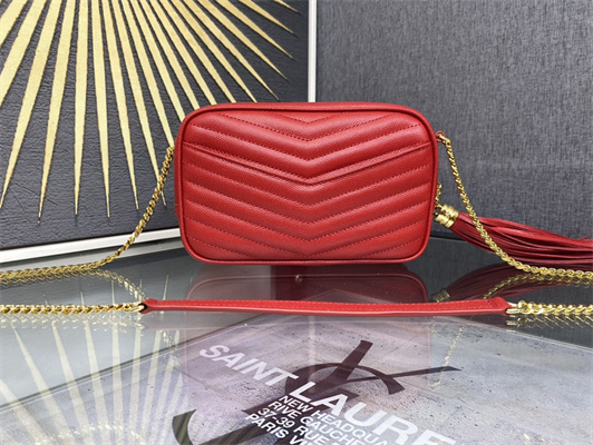 Y.S.L MINI LOU In Red Quilted Grain De Poudre Embossed Leather  Gold Tone Metal