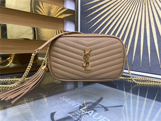 Y.S.L MINI LOU In Dk Beige Quilted Grain De Poudre Embossed Leather Gold Tone Metal