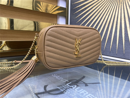 Y.S.L MINI LOU In Dk Beige Quilted Grain De Poudre Embossed Leather Gold Tone Metal