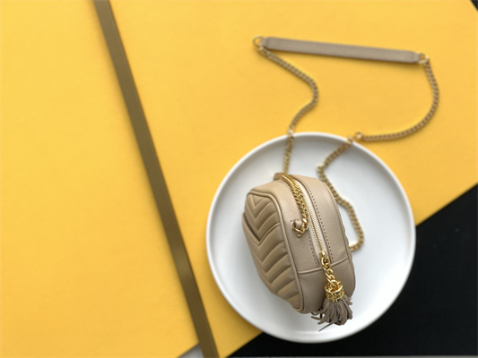 Y.S.L MINI LOU In Beige Quilted Grain De Poudre Embossed Leather  Gold Tone Metal