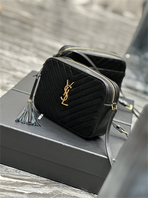 Y.S.L LOU CAMERA BAG In Black Quilted Suede and Smooth Leather Gold Tone Metal