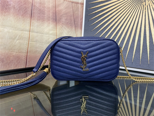 Y.S.L MINI LOU In Dk Blue Quilted Grain De Poudre Embossed Leather  Gold Tone Metal