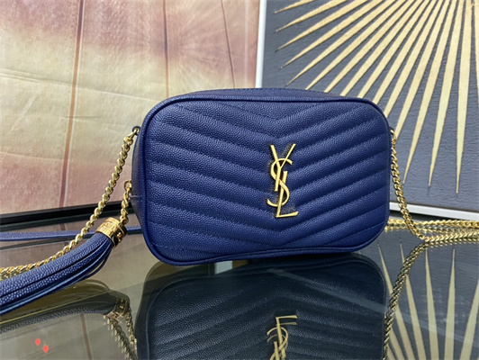 Y.S.L MINI LOU In Dk Blue Quilted Grain De Poudre Embossed Leather  Gold Tone Metal