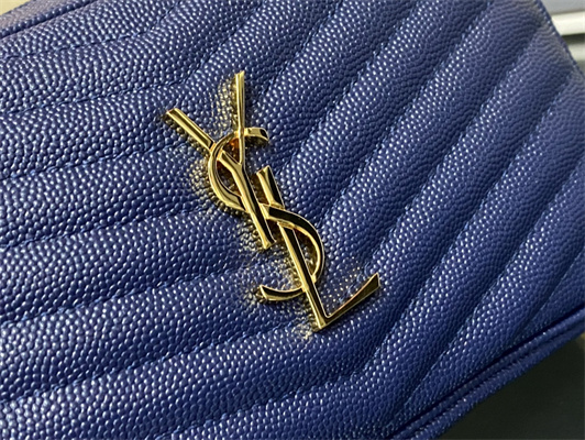 Y.S.L MINI LOU In Dk Blue Quilted Grain De Poudre Embossed Leather  Gold Tone Metal