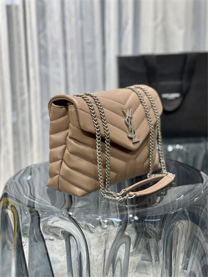 Y.S.L LOULOU SMALL In Dk Beige Quilted Calfskin Leather Silver Tone Metal