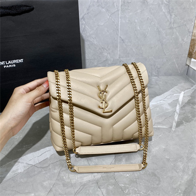 Y.S.L LOULOU SMALL In Beige Quilted Calfskin Leather Gold Tone Metal