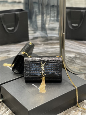 Y.S.L KATE SMALL TASSEL IN CROCODILE EMBOSSED Leather Gold Tone Metal Black Color