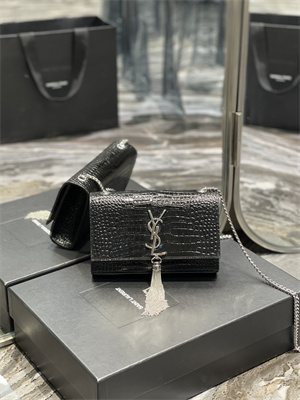 Y.S.L KATE SMALL TASSEL IN CROCODILE EMBOSSED Leather Silver Tone Metal Black Color