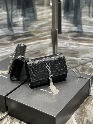 Y.S.L KATE SMALL TASSEL IN CROCODILE EMBOSSED Leather Silver Tone Metal Black Color