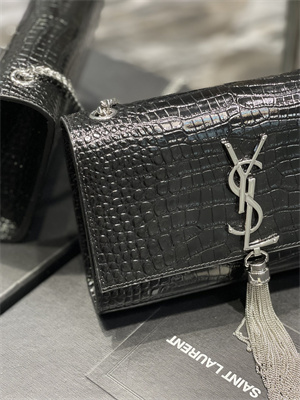 Y.S.L KATE SMALL TASSEL IN CROCODILE EMBOSSED Leather Silver Tone Metal Black Color