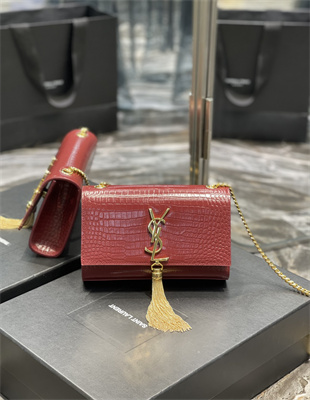 Y.S.L KATE SMALL TASSEL IN CROCODILE EMBOSSED Leather Gold Tone Metal Red Color