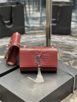 Y.S.L KATE SMALL TASSEL IN CROCODILE EMBOSSED Leather Silver Tone Metal Red Color