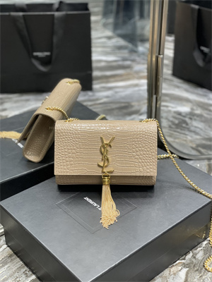 Y.S.L KATE SMALL TASSEL IN CROCODILE EMBOSSED Leather Gold Tone Metal Beige Color