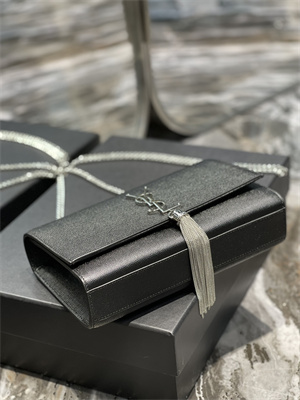 Y.S.L KATE MEDIUM TASSEL IN GRAIN DE POUDRE EMBOSSED LEATHER Silver Tone Metal Black Color