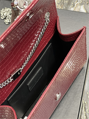 Y.S.L KATE MEDIUM TASSEL IN CROCODILE EMBOSSED Leather Silver Tone Metal Red Color