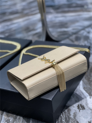 Y.S.L KATE MEDIUM TASSEL IN GRAIN DE POUDRE EMBOSSED LEATHER Gold Tone Metal Beige Color