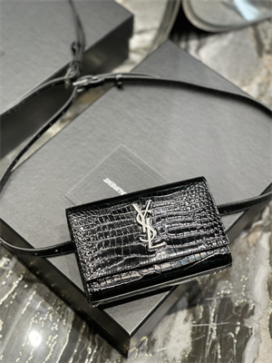 Y.S.L KATE BELT BAG IN CROCODILE EMBOSSED LEATHER Silver Tone Metal Black Color