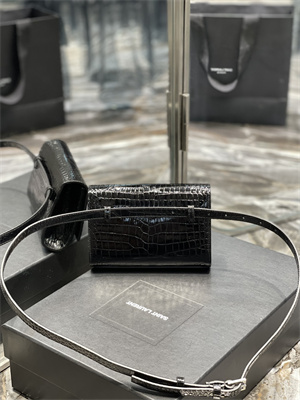 Y.S.L KATE BELT BAG IN CROCODILE EMBOSSED LEATHER Silver Tone Metal Black Color