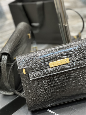 Y.S.L MANHATTAN Shoulder Bag In Black Shinny Crocodile Embossed Leather Gold Tone Metal