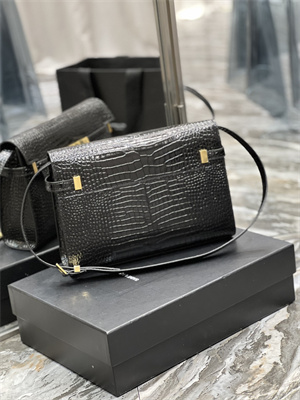 Y.S.L MANHATTAN Shoulder Bag In Black Shinny Crocodile Embossed Leather Gold Tone Metal